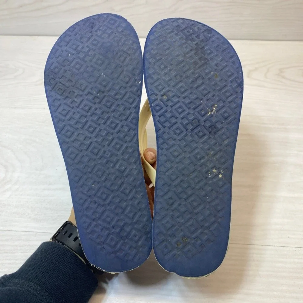 Tory Burch Womens 8 Platform Flip Flops Wedge Navy Logo Rubber Sandal Beach